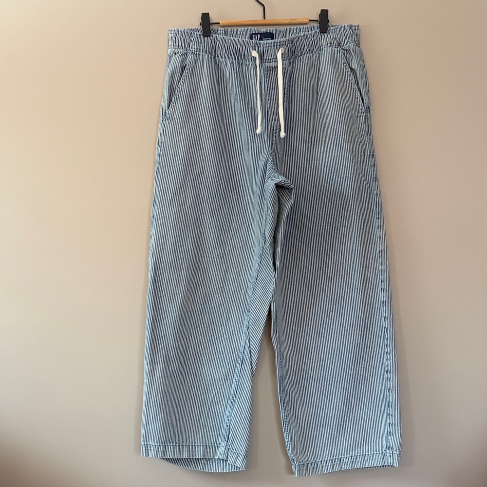 GAP Wide Leg Railroad Stripe Jeans High Rise Size Large Blue White‎ Pull On
